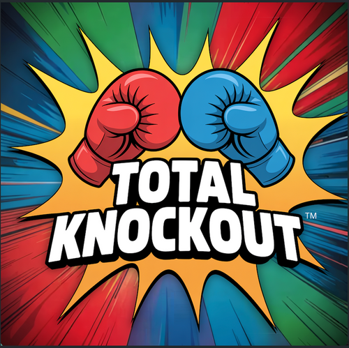 Total Knockout math card game logo with red and blue boxing gloves on a colorful starburst background